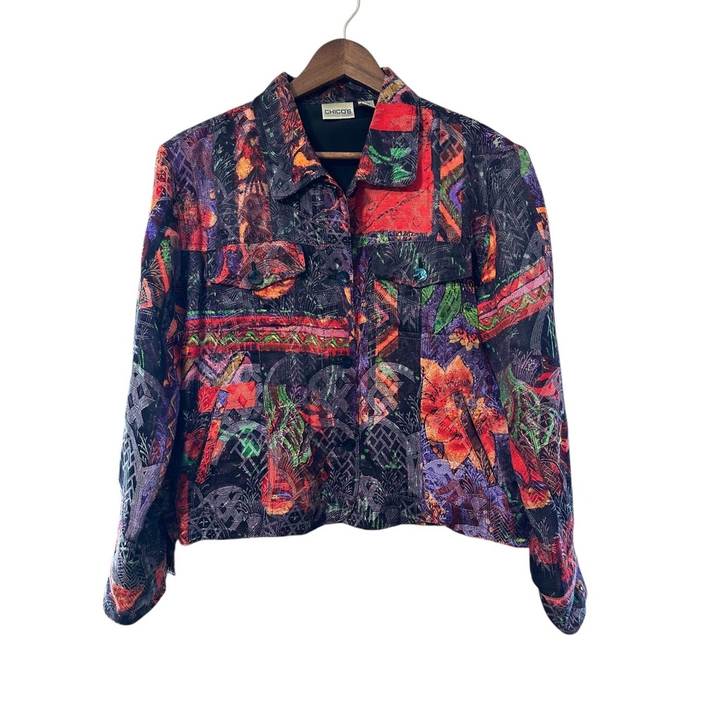Chicos Multicolor Floral Print Linen Silk Button Down Jacket Blazer Size 1 large
